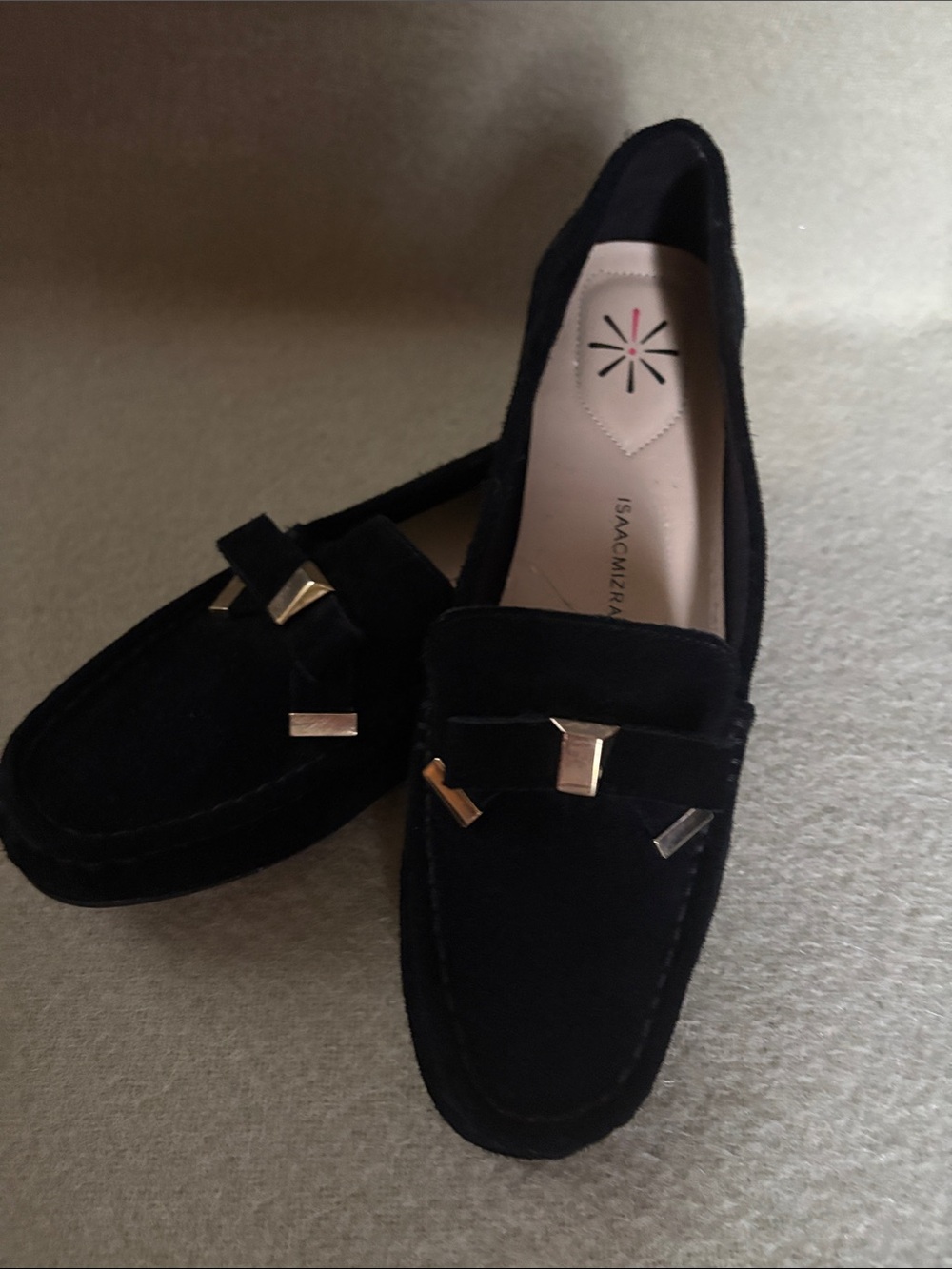 Isaac Mizrahi Black Suede Loafers with Gold Hardware